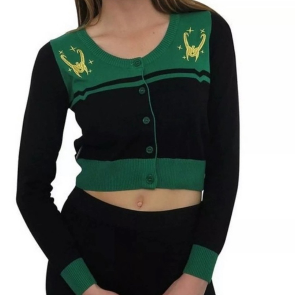 Marvel Thor Loki Helm Vintage Crop Cardigan Sweater - Picture 12 of 12